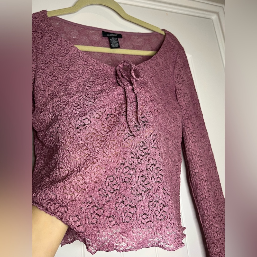 Y2K Sheer Lace Tie Front Top Pink Lettuce Hem Long Sleeve Boho Whimsygoth Fairy - Picture 5 of 6